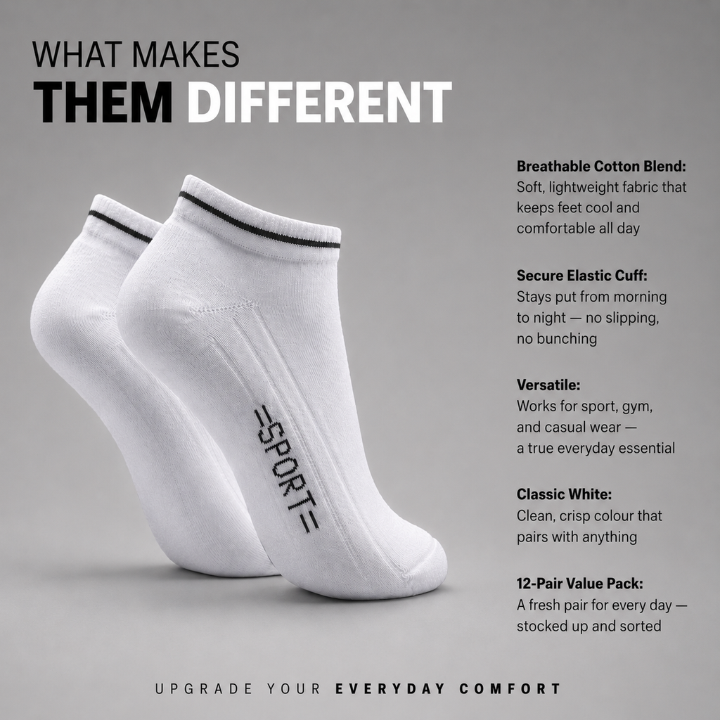 BELINO Men's Core Trainer White Socks – 12 Pack