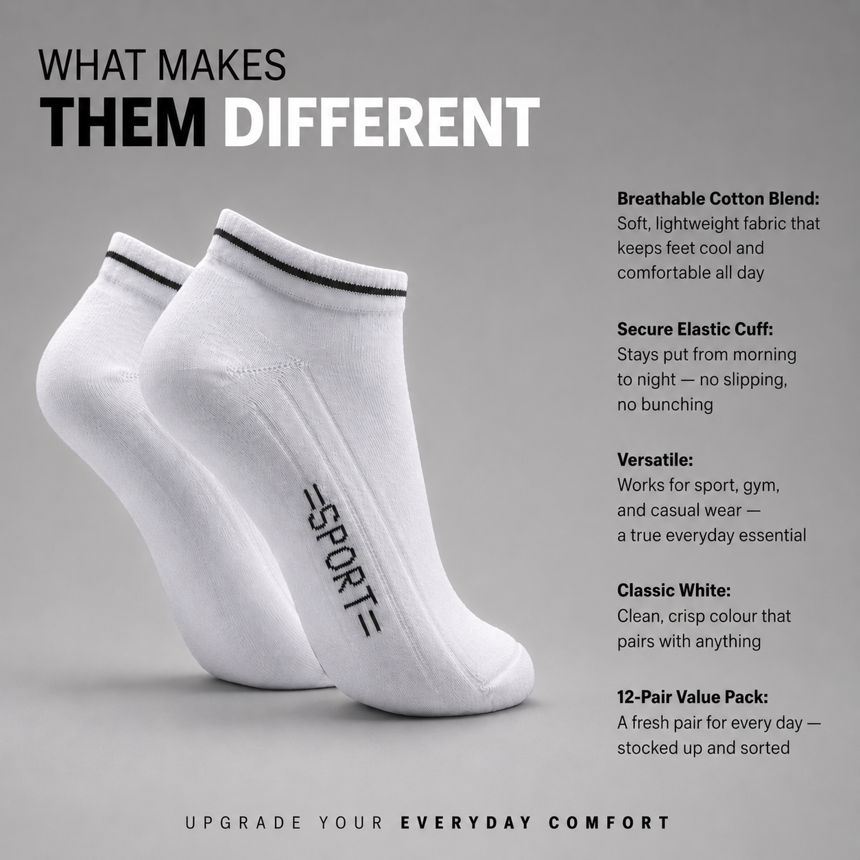 BELINO Men's Core Trainer White Socks – 12 Pack