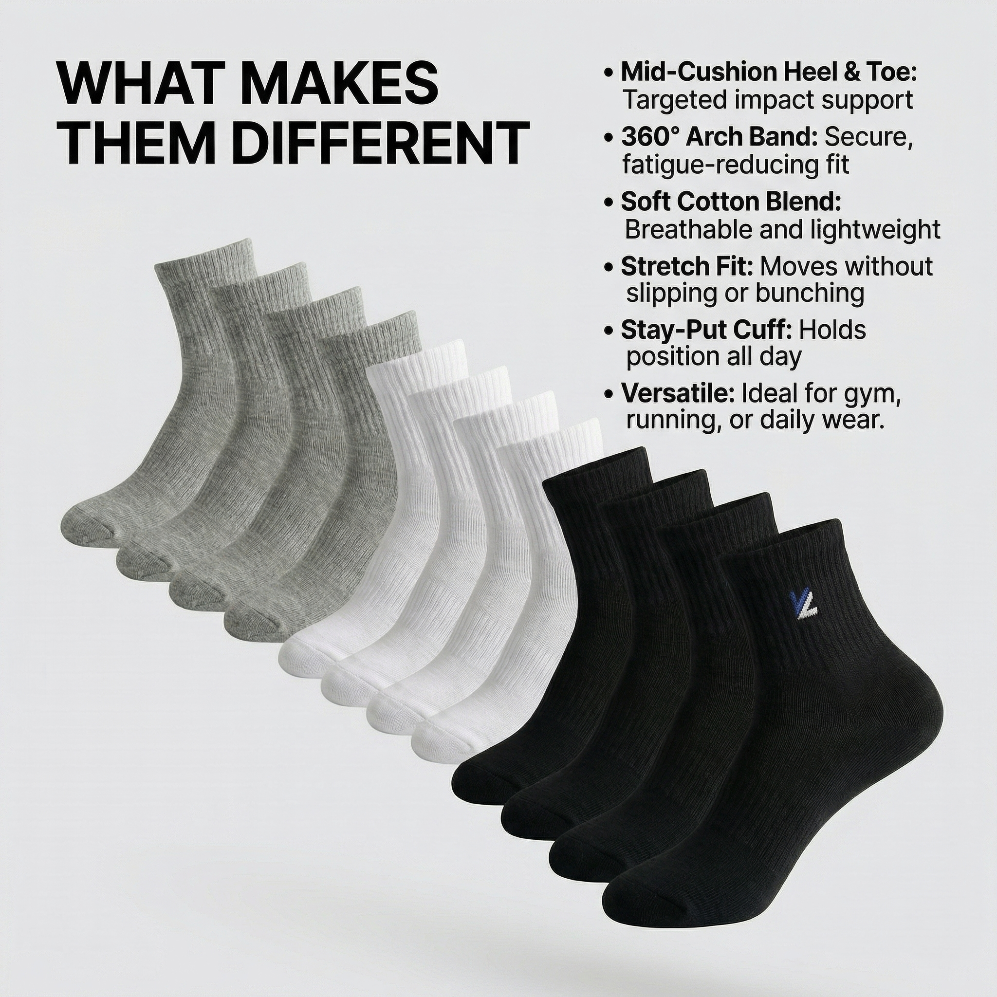 BELINO SoftStep Mid-Cushioned Crew Socks – 6 Pack