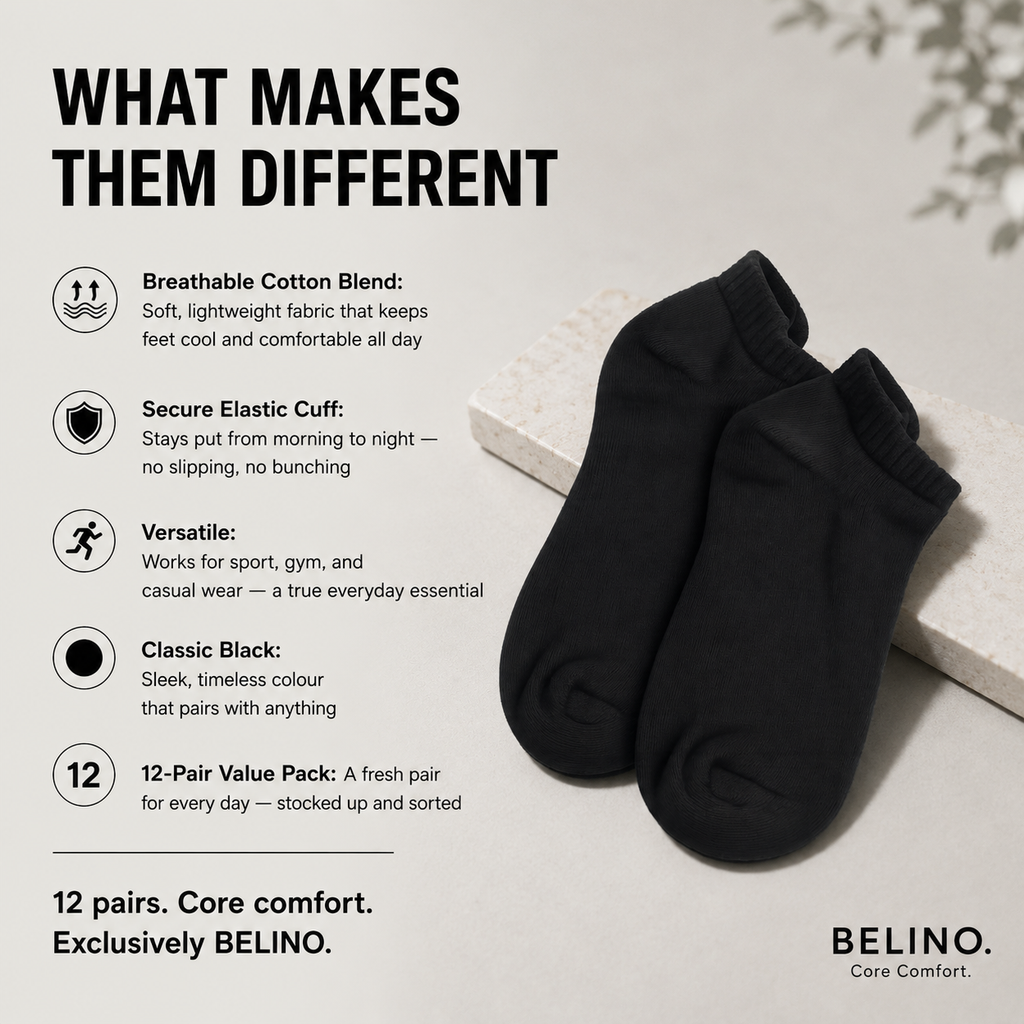 BELINO Men's Core Trainer Black Socks – 12 Pack