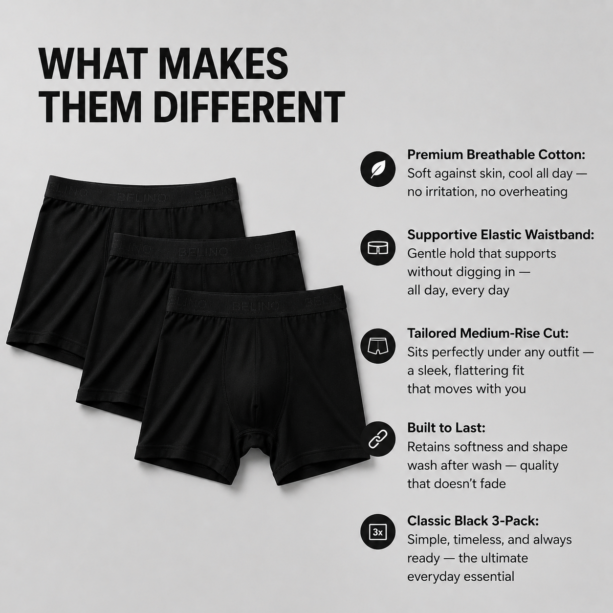 BELINO Men's Core Cotton Boxer Briefs – 3 Pack