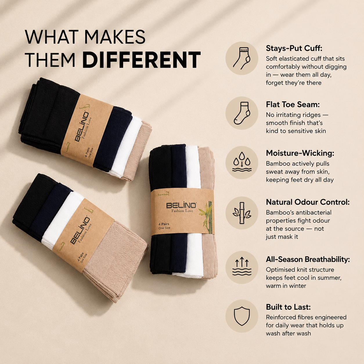 BELINO Women's LUXE Everyday Bamboo Socks – 4 Pack